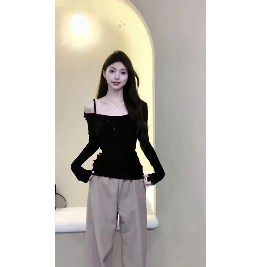 温柔纯欲风白色假两件长袖t恤女秋冬新款紧身显瘦内搭打底衫上衣