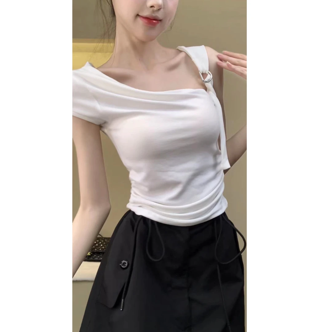 甜辣妹单肩设计感短袖T恤女装夏季白色修身短款高腰性感露背上衣2