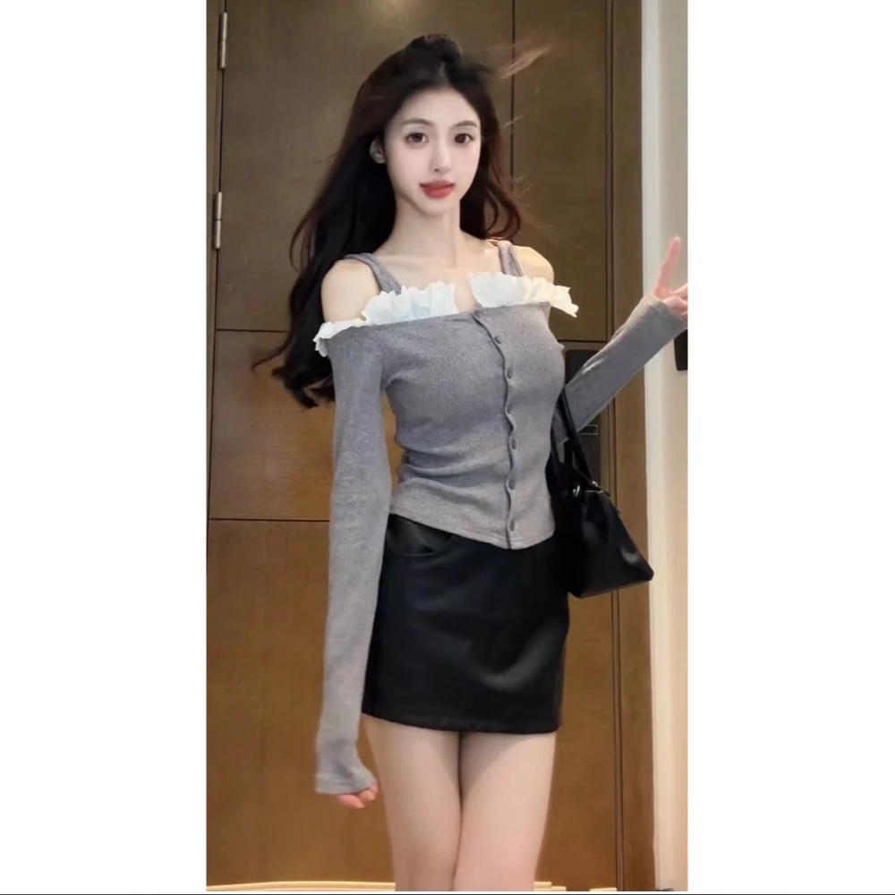 【清仓】一字挂肩蕾丝花边长袖t恤女春秋薄款修身上衣W