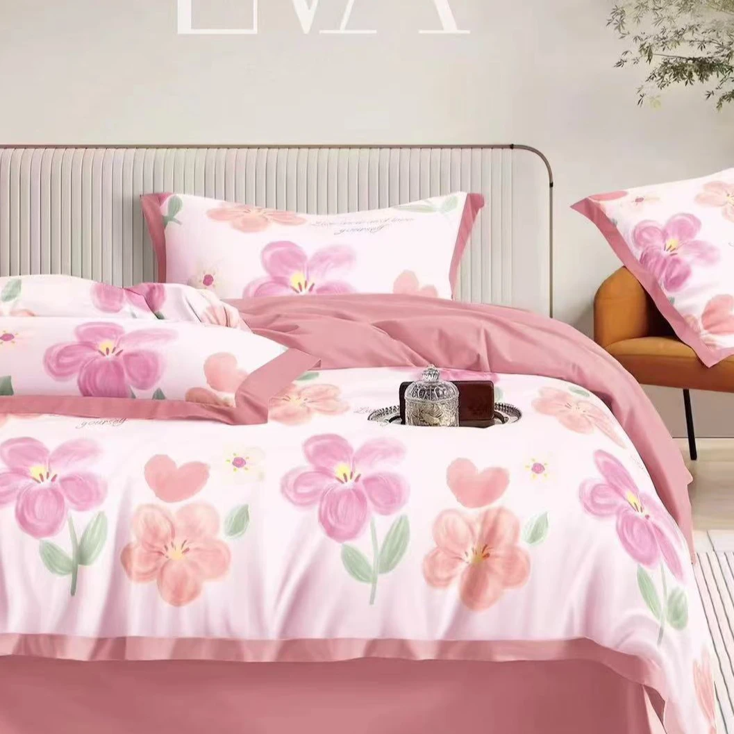 【源头工厂】新品 小清新棉铂金生态磨毛四件套-满庭芳-粉