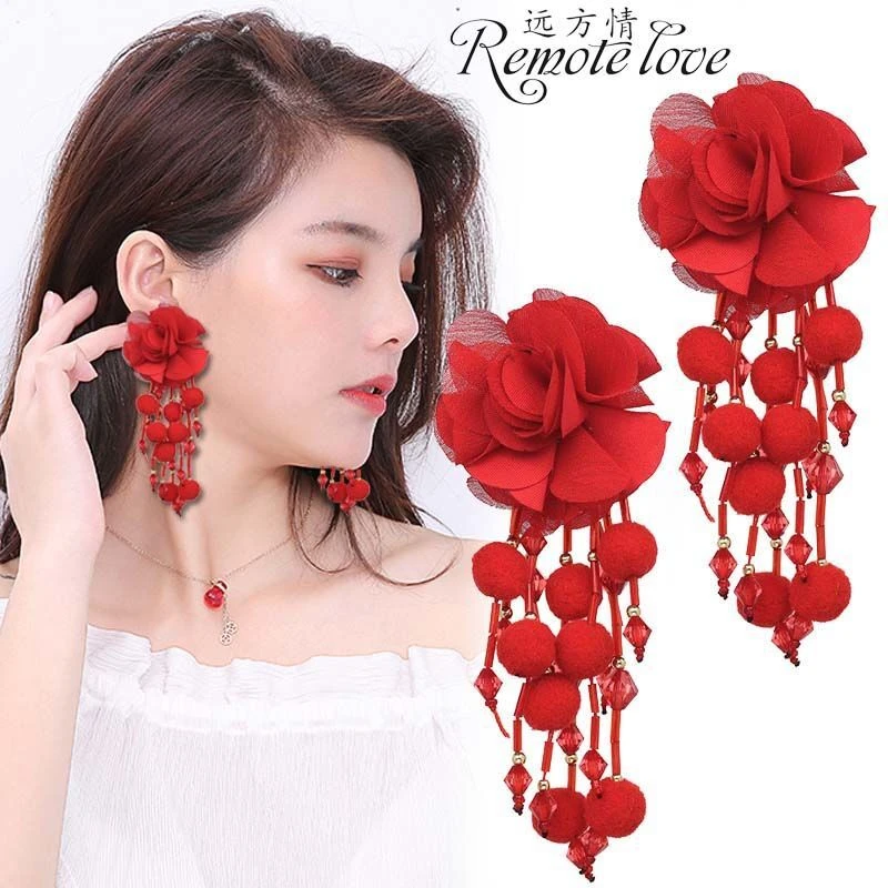remote love/远方情 合金布艺耳饰 超仙雪纺花朵流苏耳环耳饰E88