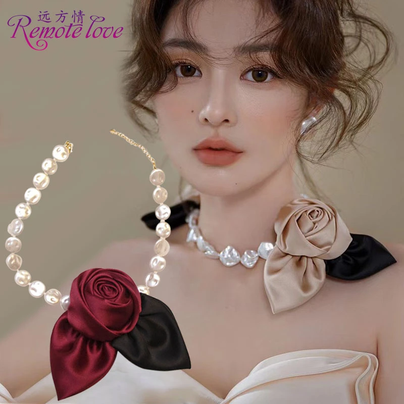 remote love/远方情 合金仿珍珠项链 法式赫本风玫瑰花项链女N390