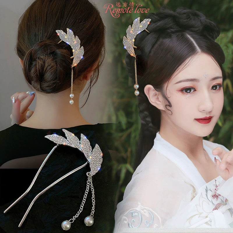 remote love/远方情 锌合金玻璃发饰 复古水钻羽毛流苏发簪T1192