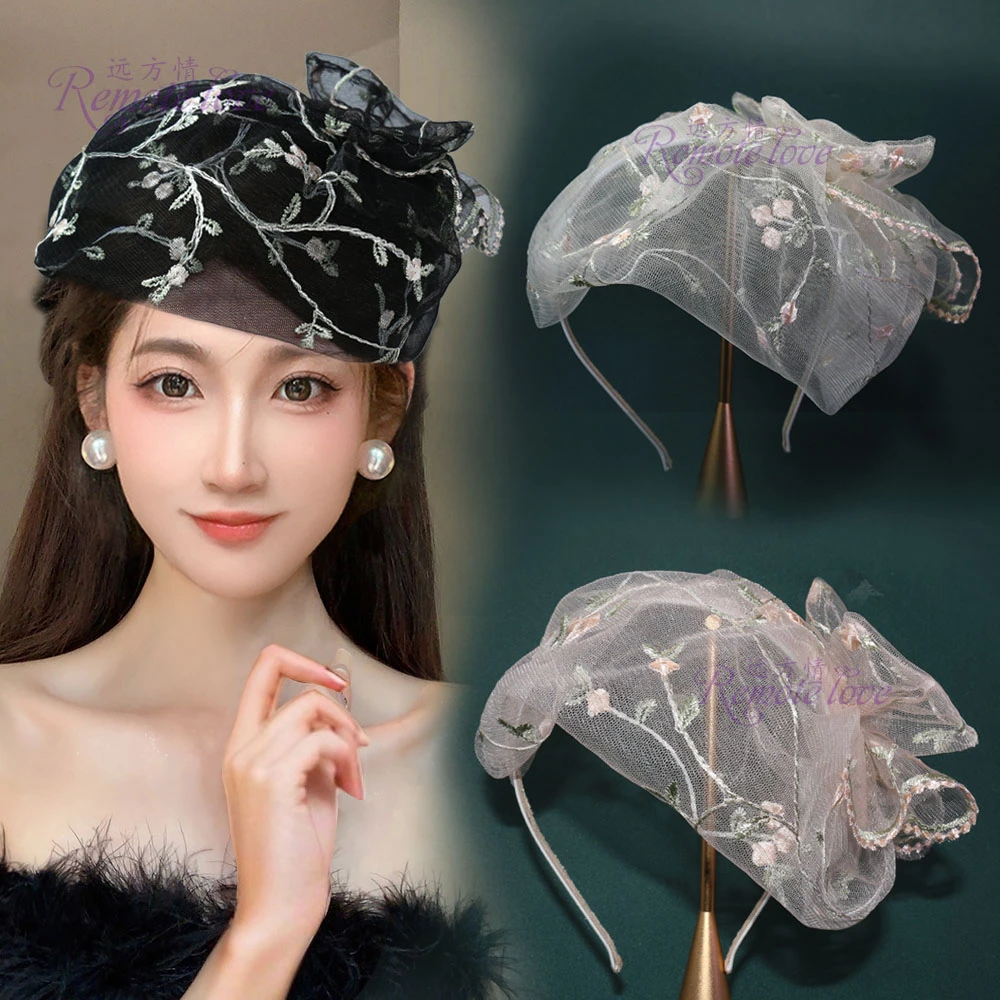 remote love/远方情原创田园风花藤刺绣网纱半帽发箍女发卡T1787