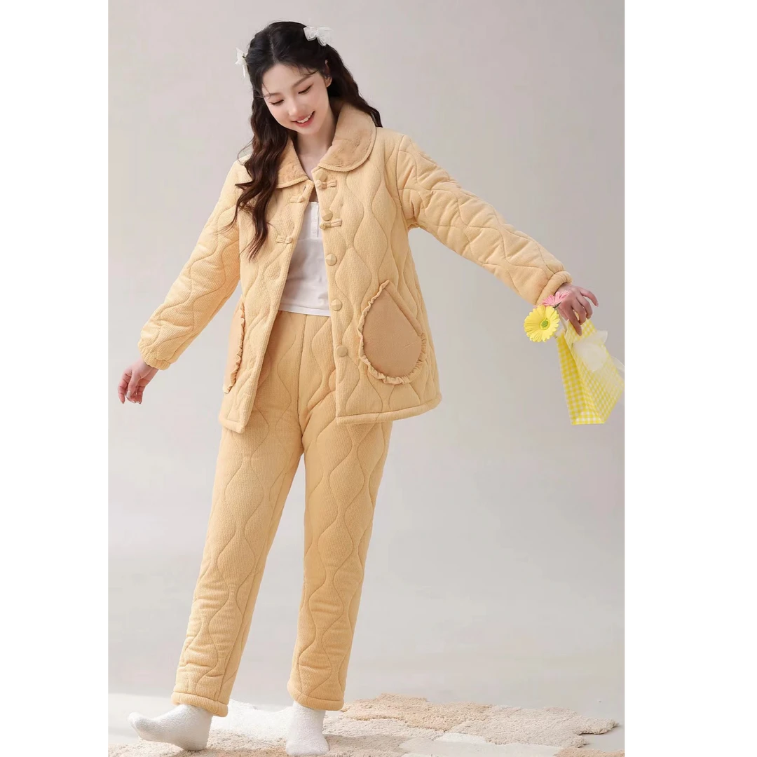 【巨保暖】三层夹棉睡衣女冬季加厚甜美可爱格子家居服套装