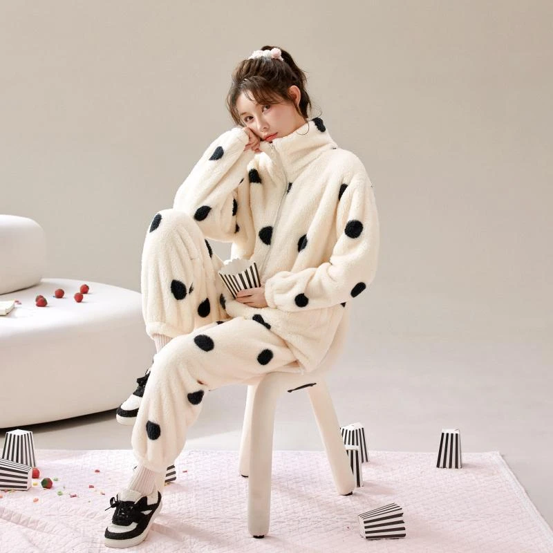 【黑白点点】加绒加厚可外穿睡衣女套装大码长袖女士宽松保暖家居服