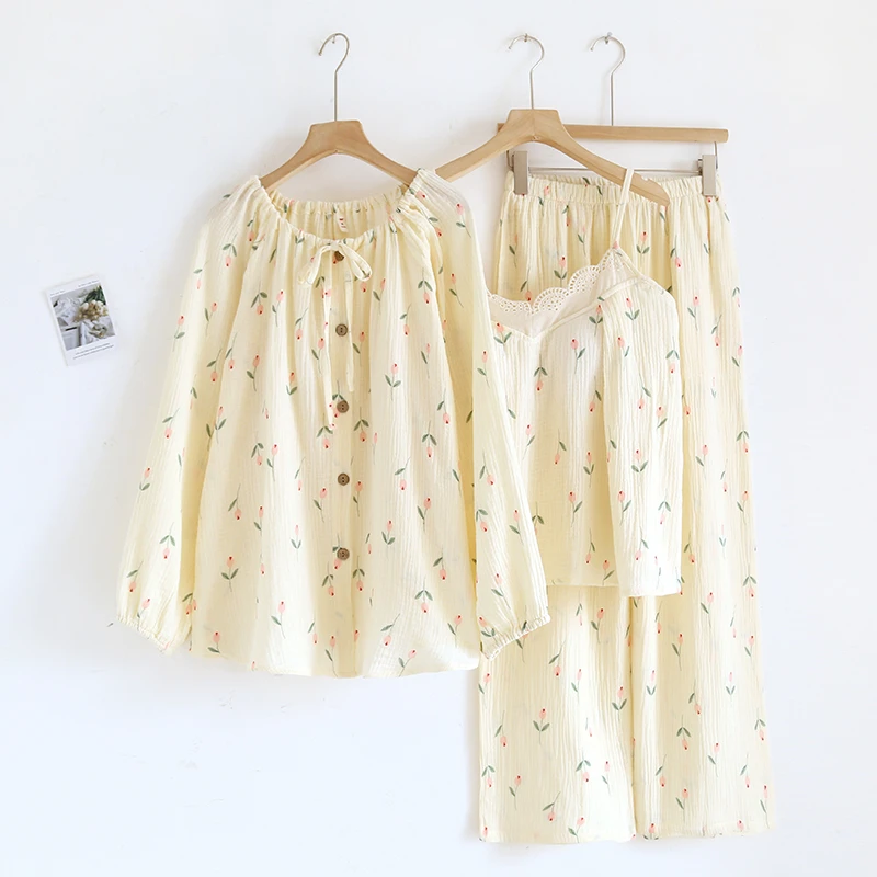 【带胸垫】纯棉全棉棉纱三件套睡衣女士春秋夏季长袖套装家居服