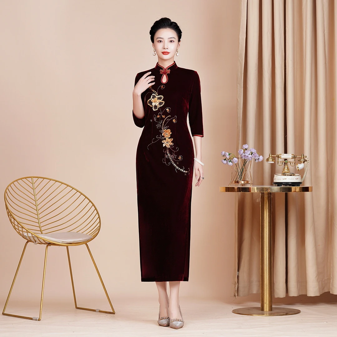 秋冬新款修身改良丝绒旗袍喜妈妈婚宴礼服长款喜婆婆敬酒服七分袖