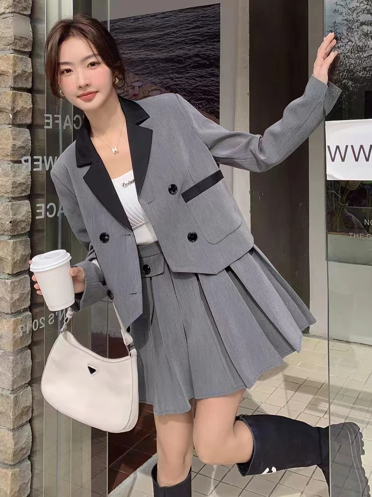 西服两件套装百褶半身裙子韩剧减龄西装套装女2023新款美式甜辣裙