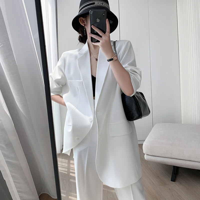 白色西装外套女2025秋季时尚休闲网红夏季宽松阔腿裤两件套设计感