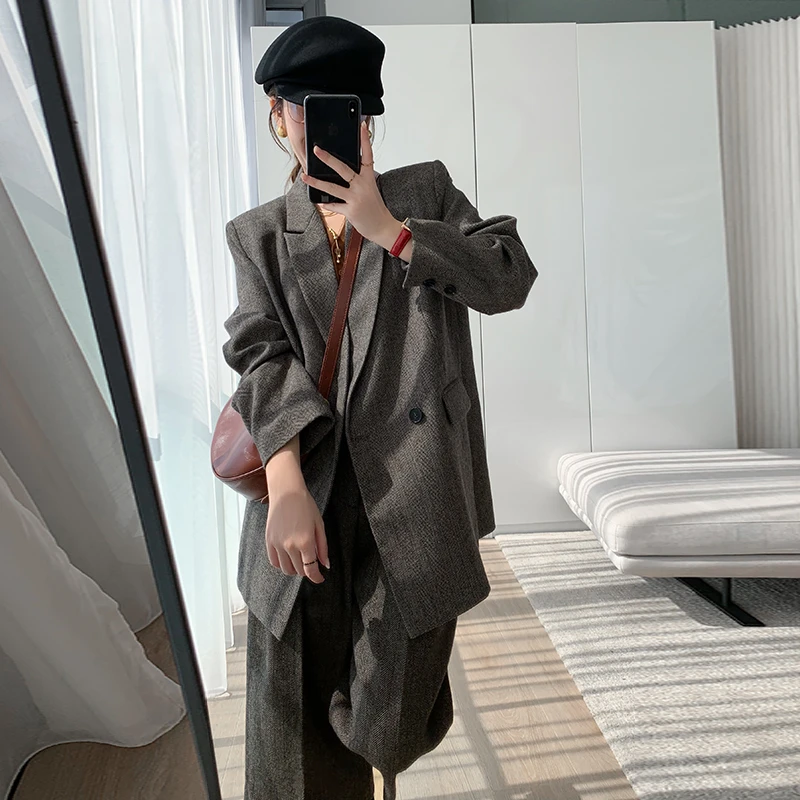 2025冬季新款美拉德色羊毛呢子马甲西装中裤三件套宽松时尚潮流