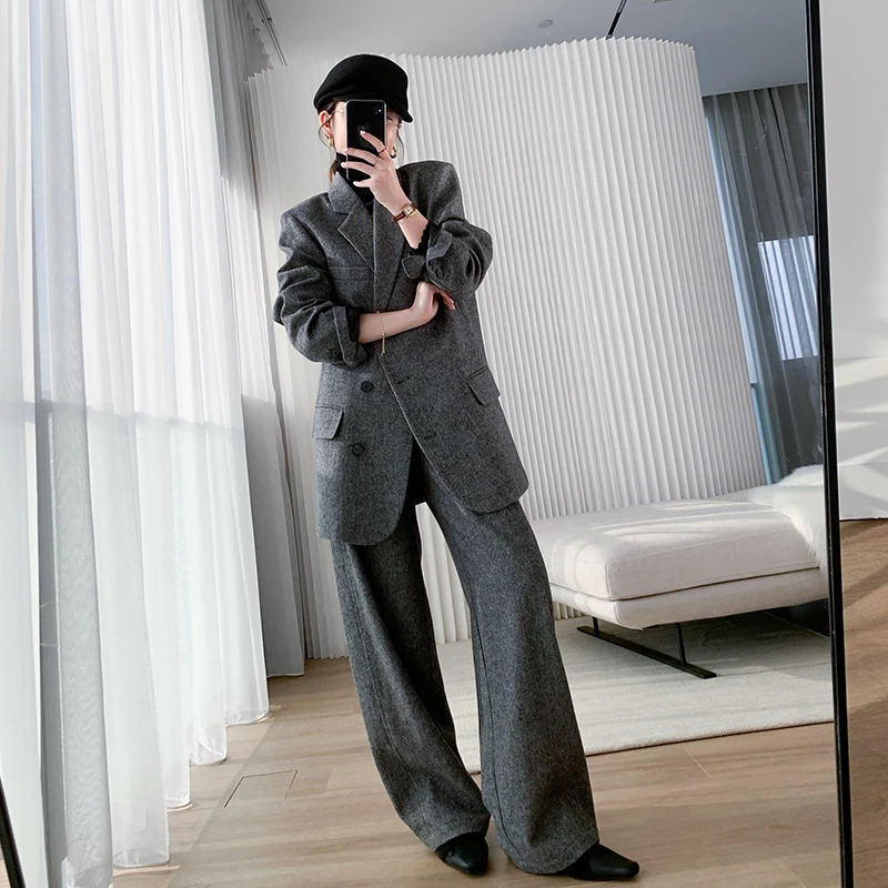 懂点毛呢西装外套女2024冬装新款时尚气质灰色阔腿裤两件套装