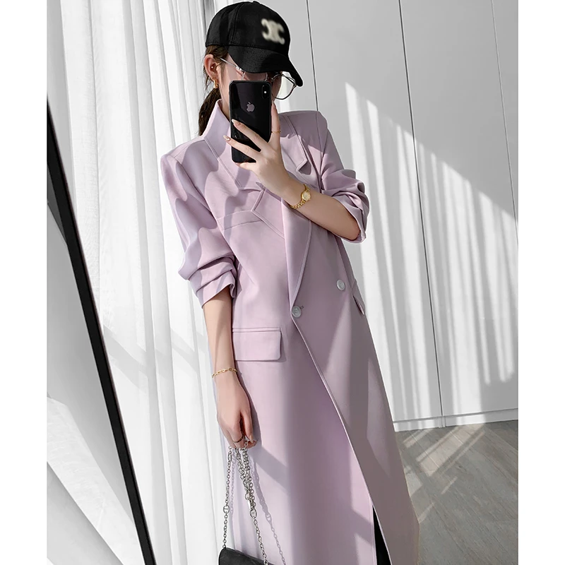 懂点风衣女2025春季新款时尚气质显瘦oversize桃粉长款西装外套