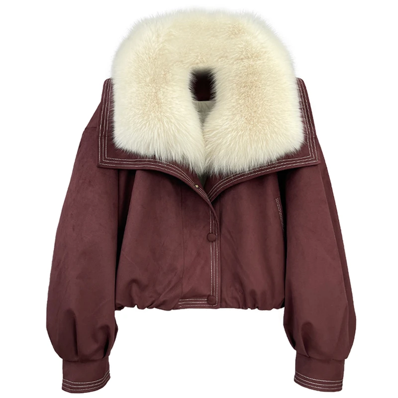 2024新款海宁短外套时尚百搭女士冬季宽松狐狸毛领韩版大毛领女装