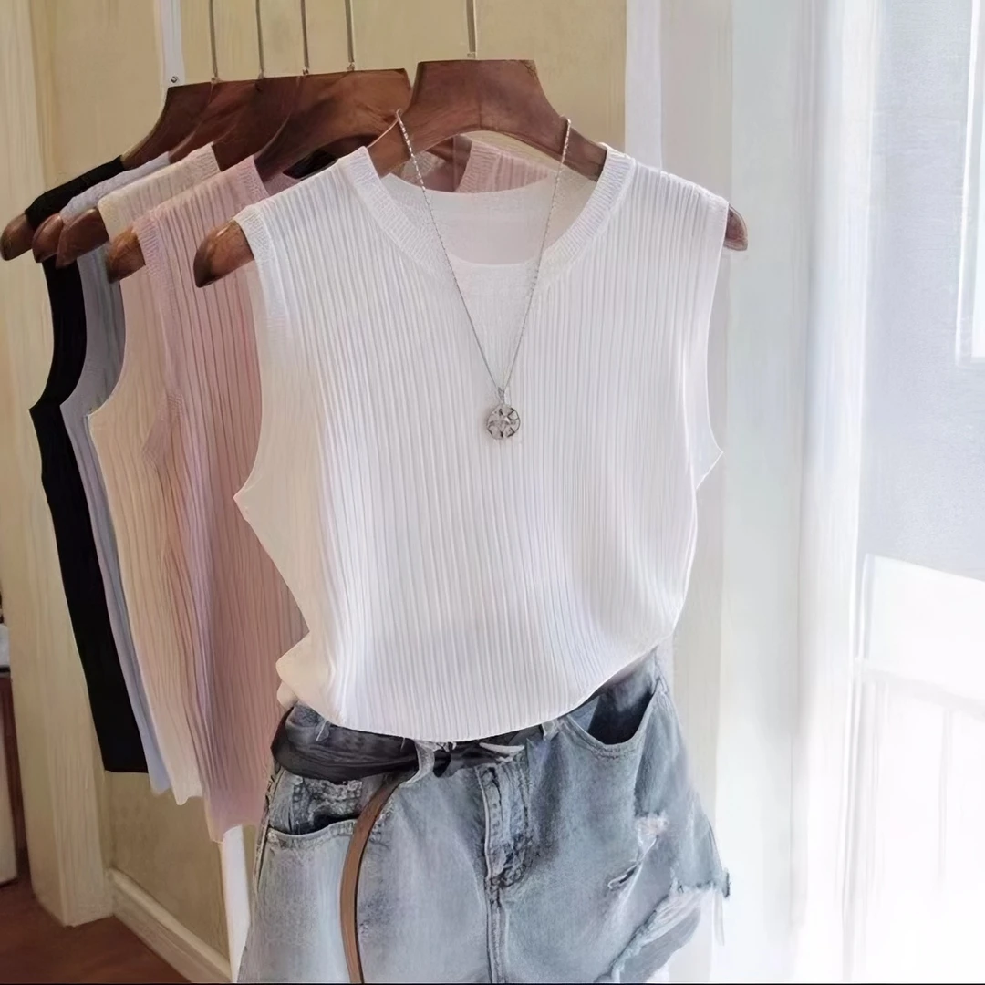 吊带背心女纯色内搭冰丝打底白色针织显瘦气质百搭无袖圆领简约