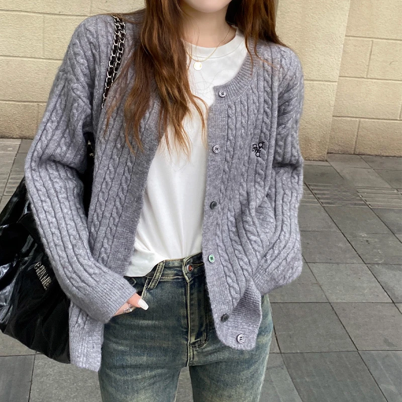 长袖针织衫慵懒风麻花针织开衫百搭韩版宽松早秋毛衣外套学院风