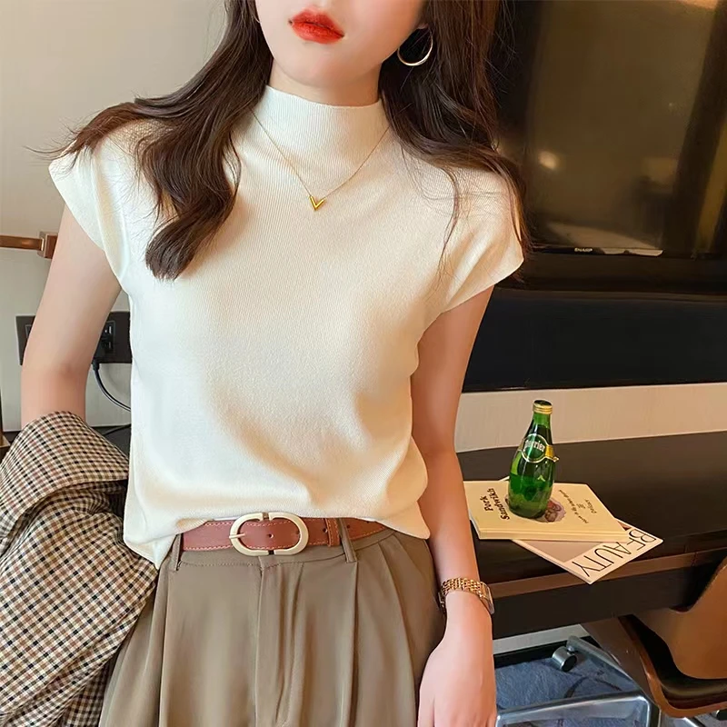 半高领短袖t恤女秋装2025年新款韩版修身显瘦针织衫小飞袖上衣246