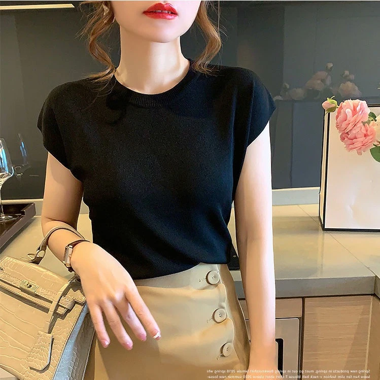 圆领短袖针织衫女夏薄款2023新款小飞袖洋气宽松显瘦纯色百搭上衣