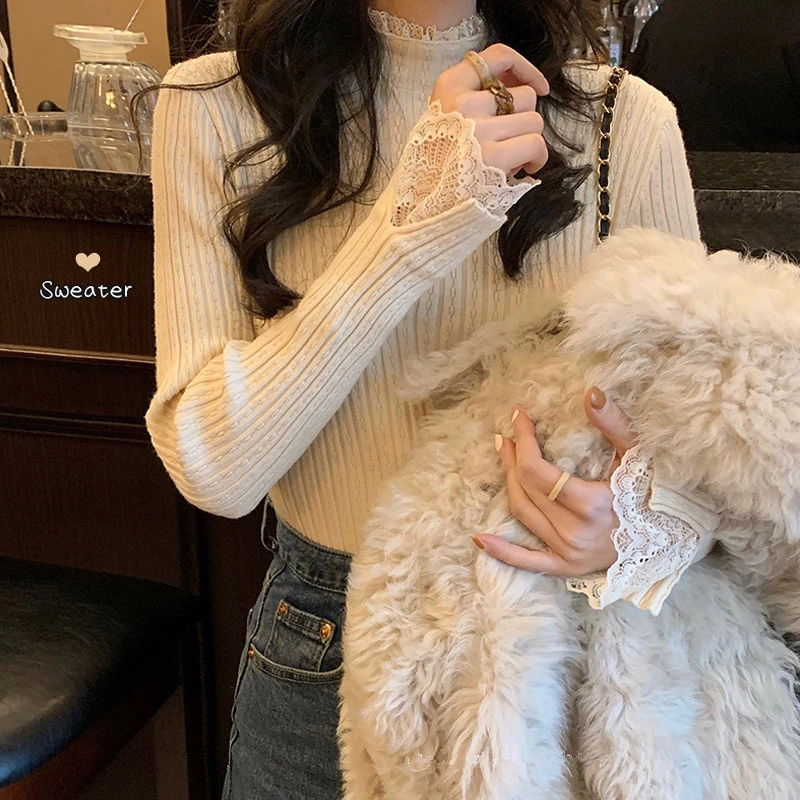 蕾丝边半高领内搭针织衫打底衫女秋冬2025新款长袖加厚上衣806