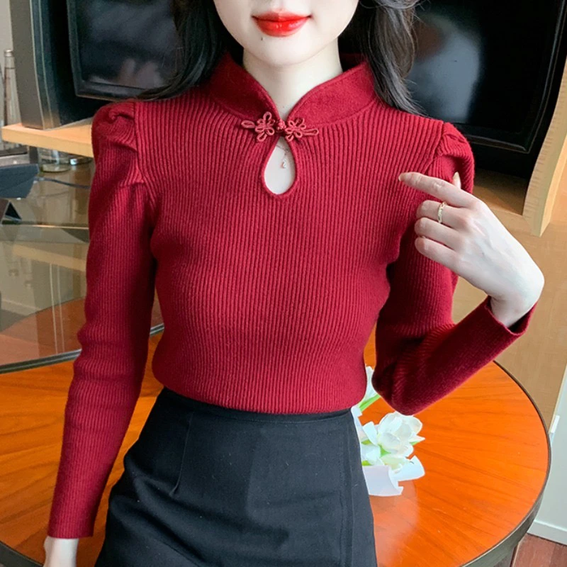 新中式盘扣毛衣女秋冬加厚2025新款中国风内搭气质高级复古红毛衣