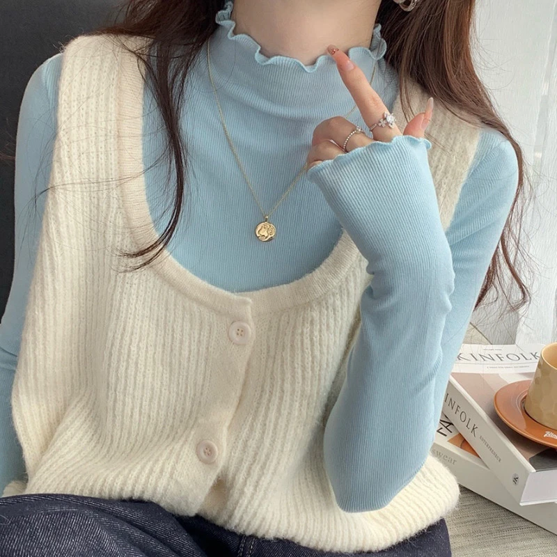 木耳边打底衫女半高领内搭秋冬2025新款针织衫长袖打底t恤上衣906