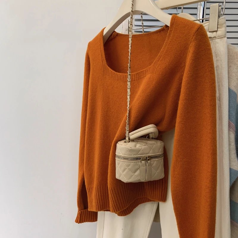 南瓜橘色方领毛衣针织衫女秋季秋冬小个子内搭打底衫2025新款上衣