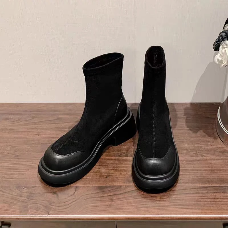 【新疆包邮2293】新款高跟绒面粗跟厚底马丁靴