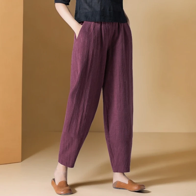 棉质女裤子夏季九分宽松薄款棉麻松紧腰复古文艺百搭休闲裤妈妈装
