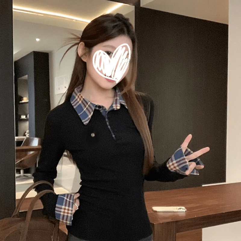 学院风假两件格纹撞色打底修身polo领针织衫长袖上衣秋拼接长袖