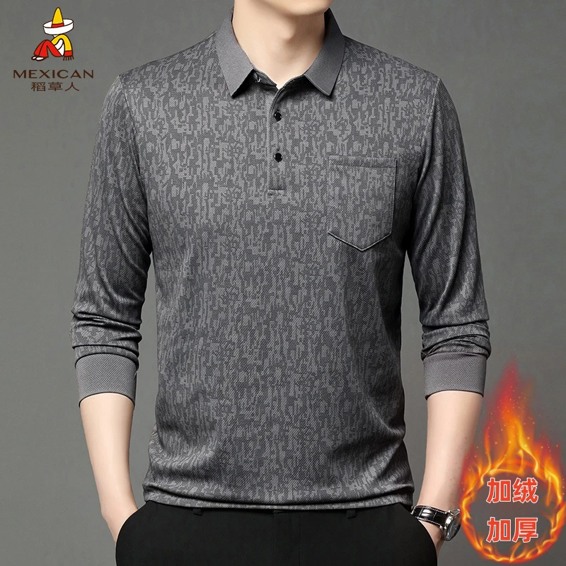 Mexican/稻草人【真口袋】加绒加厚男士冬季翻领长袖POLO衫HY3706