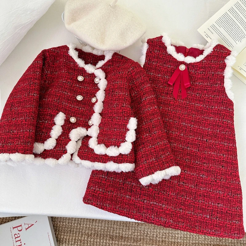 【精品版】2024冬季新款加绒气质小香风连衣裙外套两件套D68610