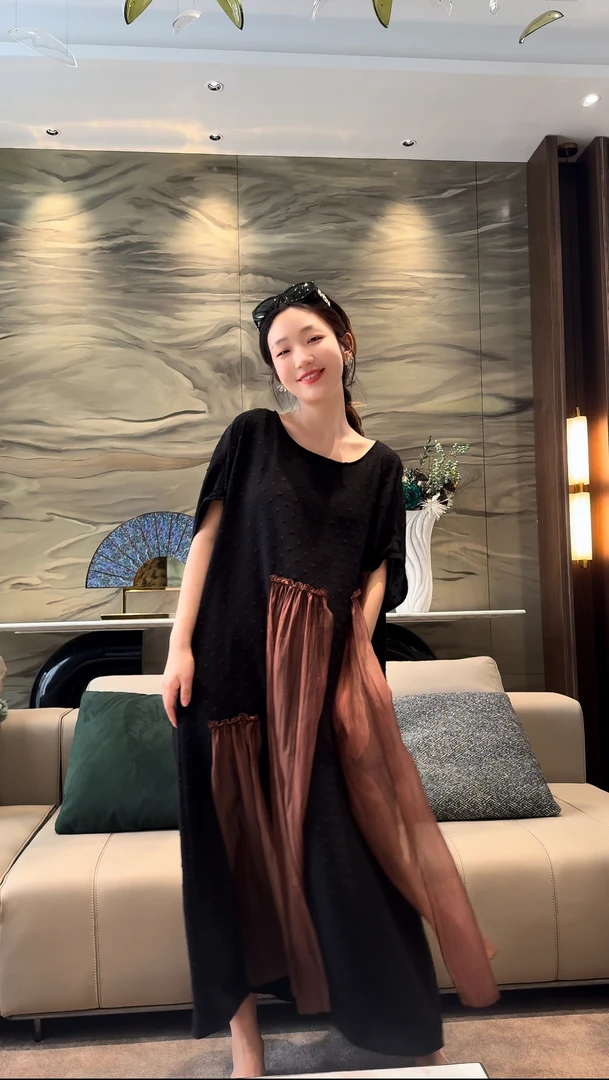 513篱君夏季新款提花拼纱连衣裙气质复古拼接宽松不规则长款裙子