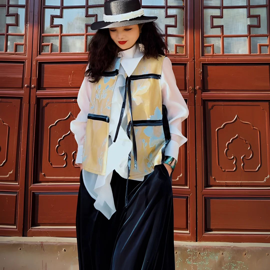 1301篱君春季新款中式马甲国风设计师款印花拼接丝绒马甲外套1301