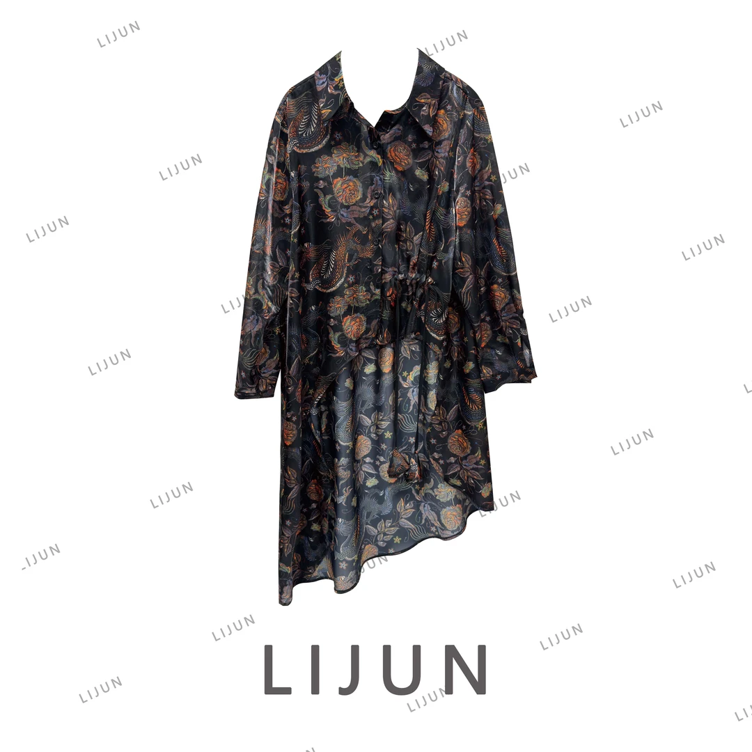 882篱君春夏新中式龙纹衬衫设计国风印花不对称侧腰抽绳显瘦衬衣