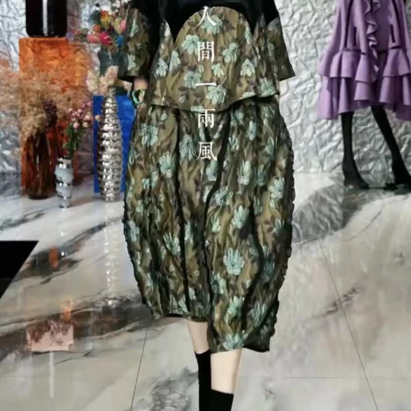 142篱君新款国风花苞灯笼裤小众设计中国风印花重工提花九分裤女