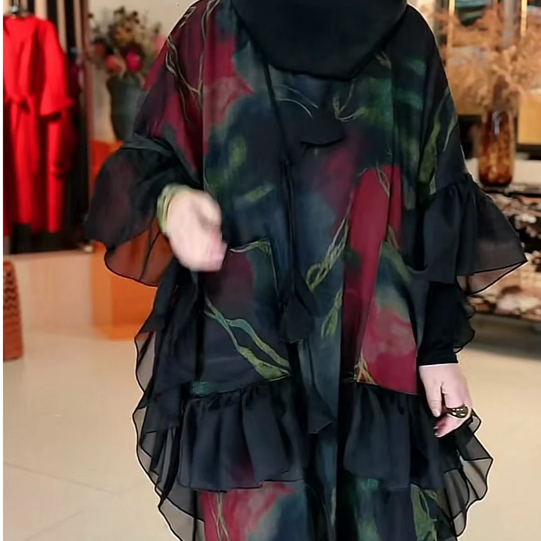 84篱君24秋季新款花边中长款连衣裙时尚百搭气质黑色宽松连衣裙