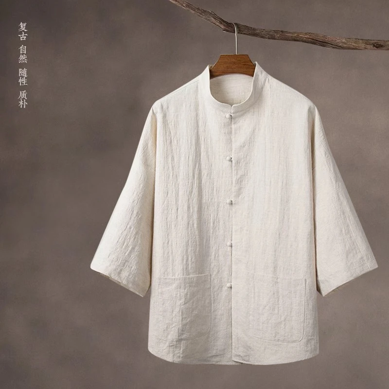 新中式穿搭 中国风棉麻短袖衬衫男 夏季 中华立领 唐装亚麻上衣