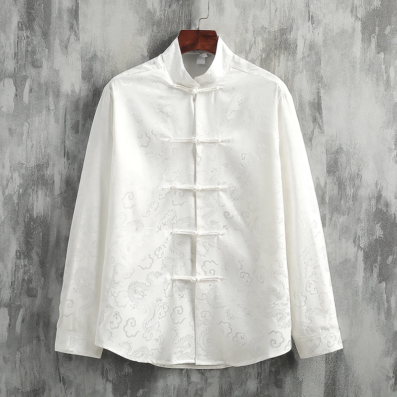 新中式穿搭 中国风男装绸缎龙纹唐装长袖衬衫 复古 提花 盘扣衬衣