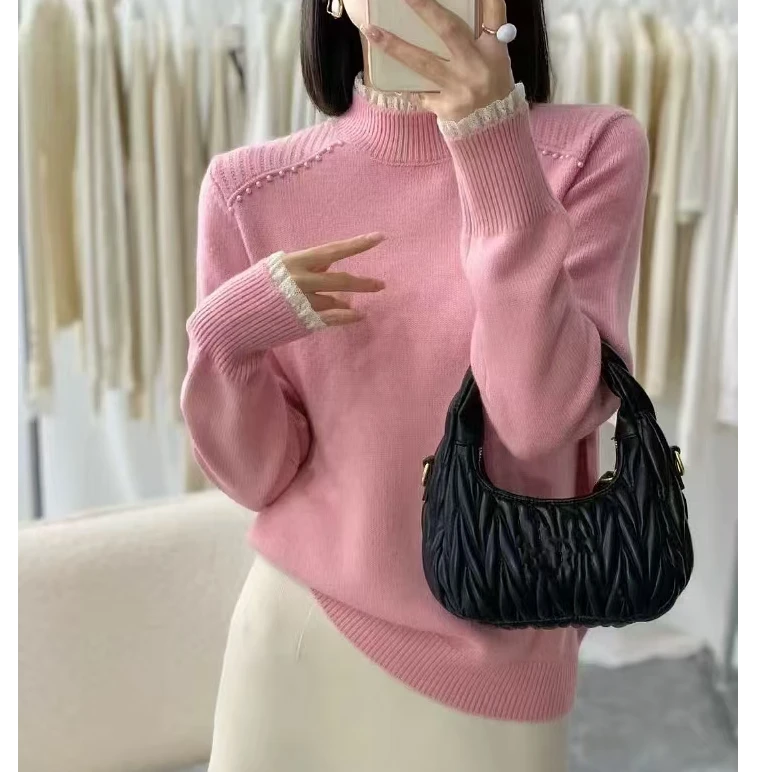 【苏苏精选】韩系蕾丝拼接木耳边气质款毛衣