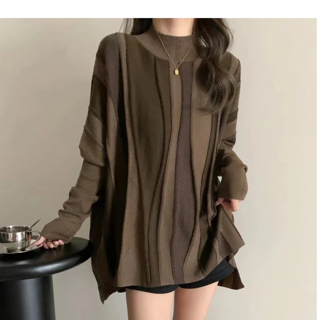 8205拼色提花短款圆领长袖针织衫毛衣保暖上衣宽松韩版休闲百搭