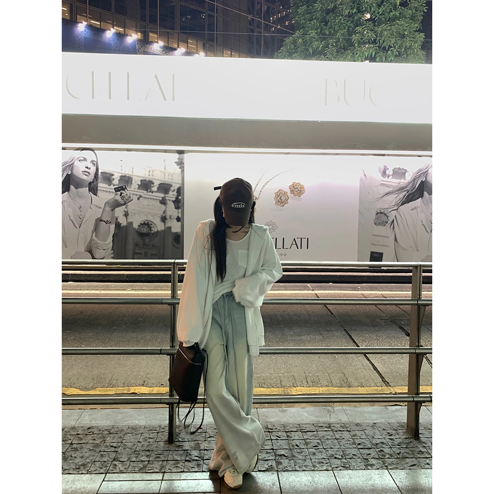 大小姐77 水洗复古时髦抽绳高腰显瘦好搭微拖地阔腿裤休闲牛仔裤