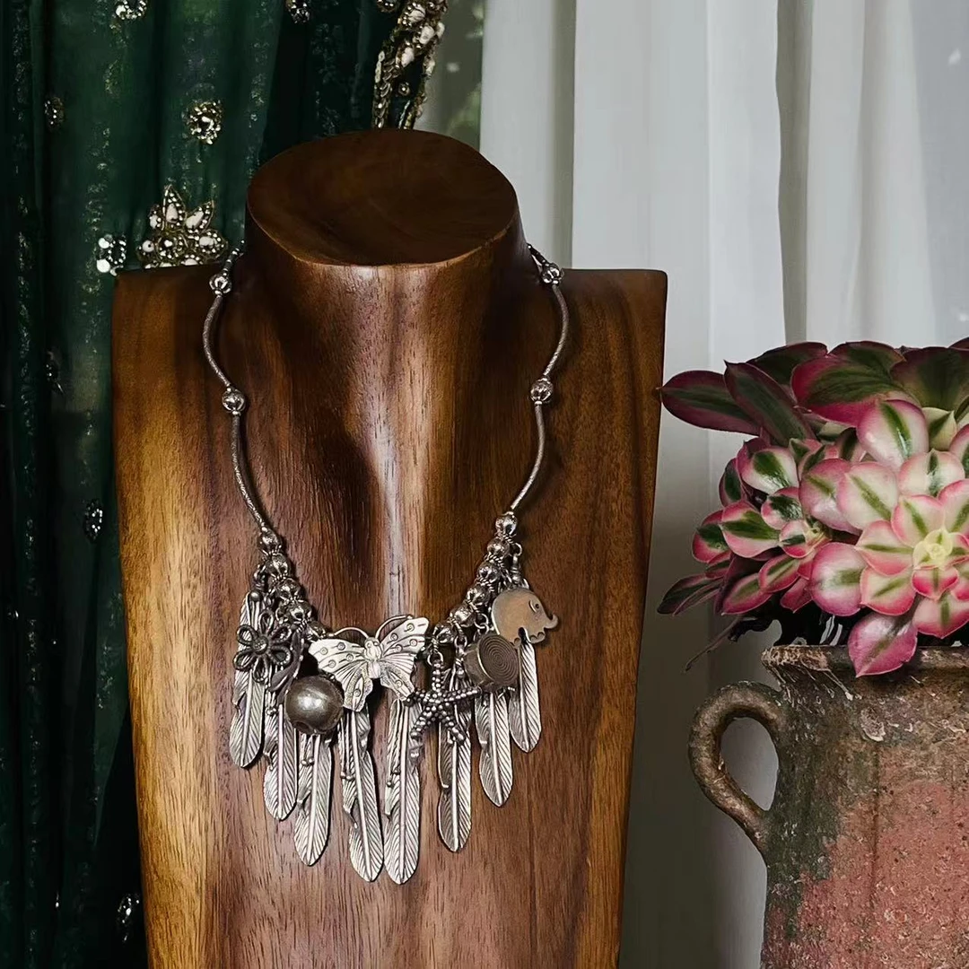 坠链均925银 四两泰国手工925银树叶流苏项链0003