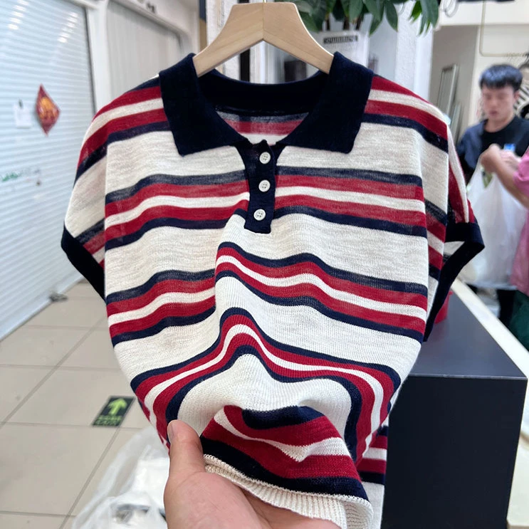 彩虹条纹T恤衫女拼色时尚显瘦上衣夏季新款爆款POLO衫品质女装