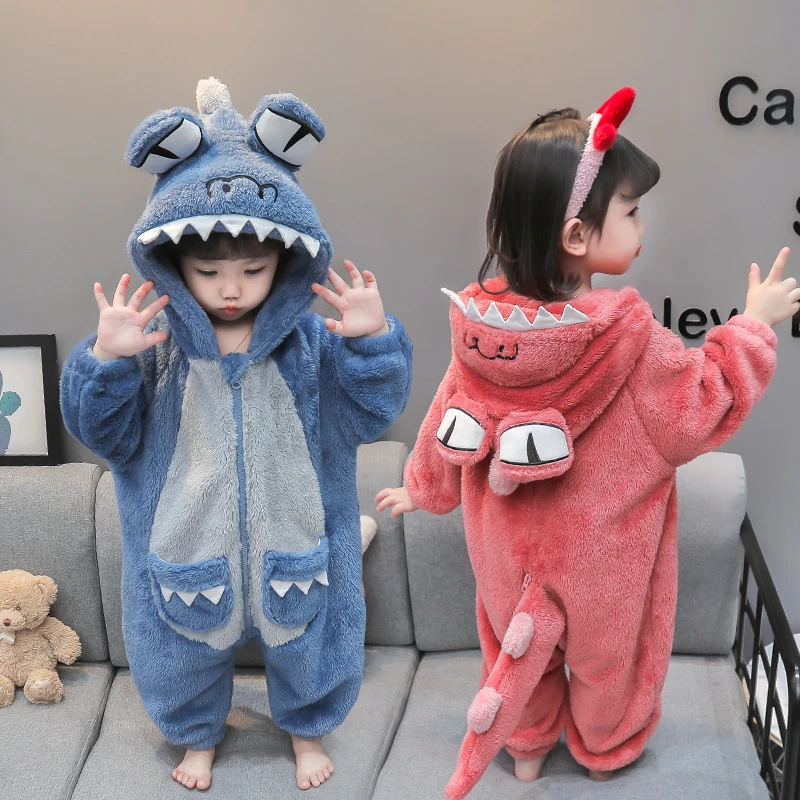 婴儿连体衣加厚哈衣秋冬季儿童卡通睡衣女童恐龙衣服宝宝外出爬服