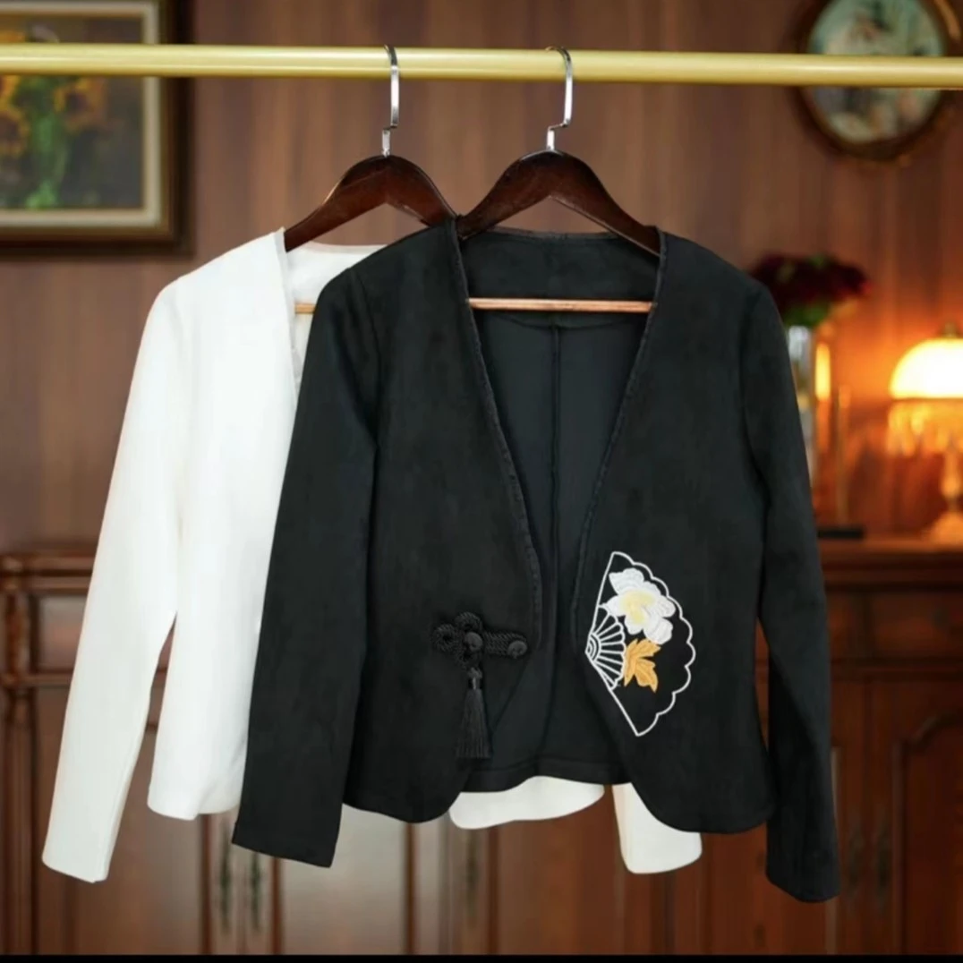 早秋开衫女旗袍短外套外搭麂皮绒定位刺绣国风花式盘口