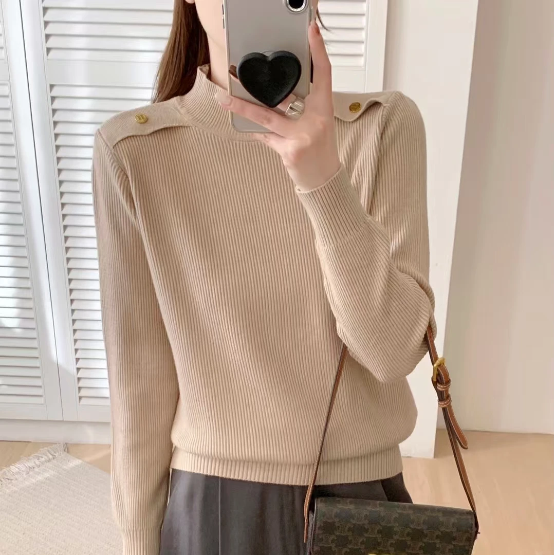 2025秋冬新款针织衫立领宽松肩扣设计感毛衣女洋气时尚内搭打底衫
