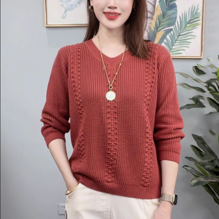 时尚V领纯色针织衫2025秋冬新款洋气百搭中年妈妈装毛衣打底小衫