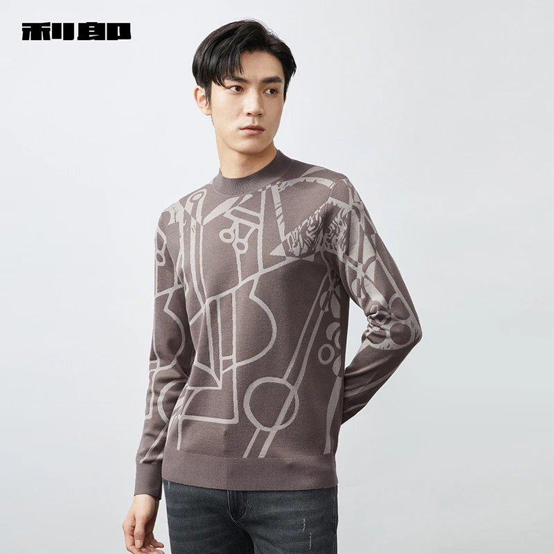 利郎 毛衫男士保暖绵羊毛2024秋半高领修身弹时尚提花深驼色毛衣