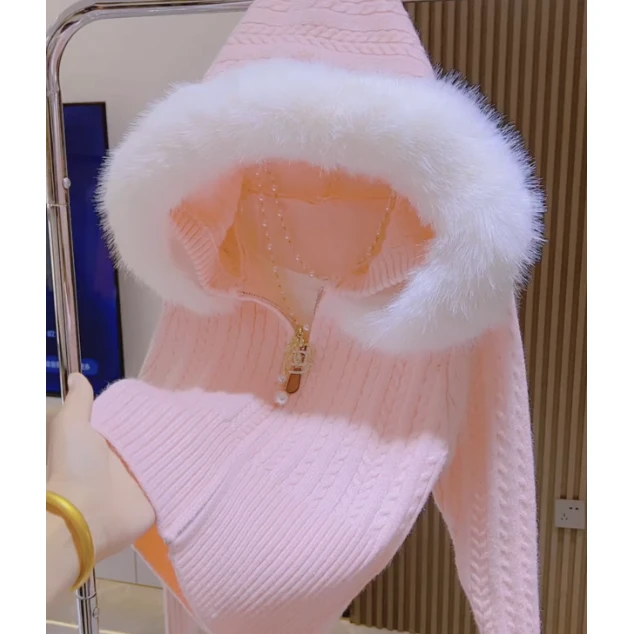 毛领连帽麻花毛衣女2024秋季新款温柔气质针织开衫小个子长袖上衣