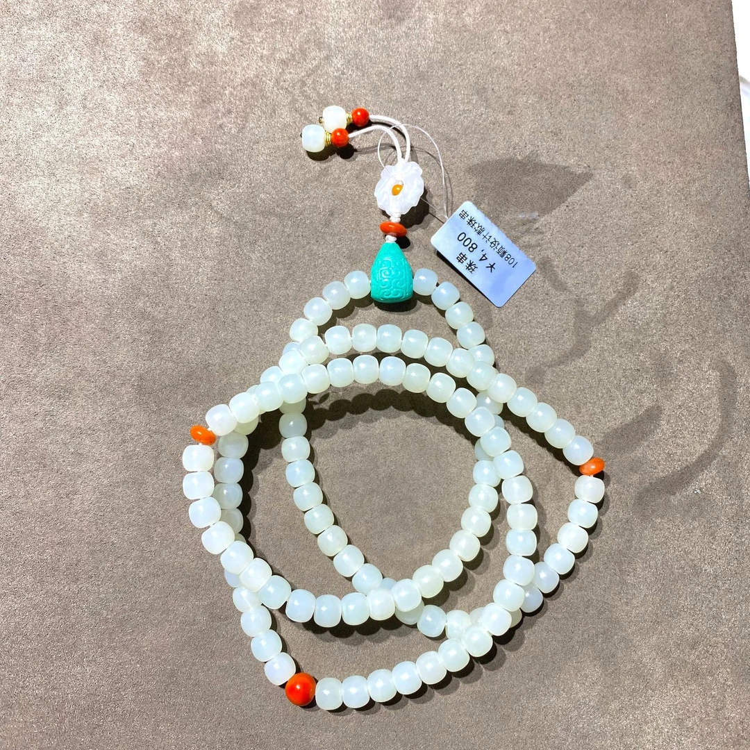 新疆天然和田玉108颗珠串设计款老型百搭白色时尚长链女款
